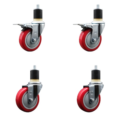 Service Caster 4'' SS Red Poly Swivel 1-7/8'' Expanding Stem Caster Set 2 Total Lock Brakes, 4PK SCC-SSEXTTL20S414-PPUB-RED-2-S-2-178